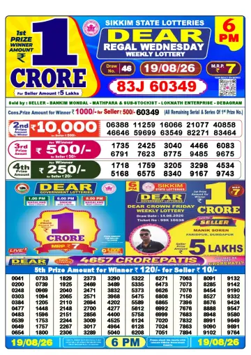 Lottery Sambad 6 PM result sheet 19 Aug 2026