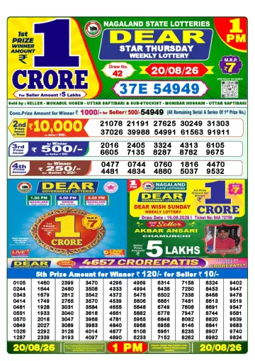 Lottery Sambad 1 PM result sheet 20 Aug 2026