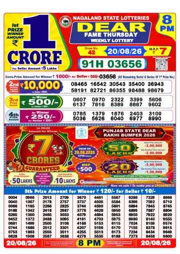Lottery Sambad 8 PM result sheet 20 Aug 2026