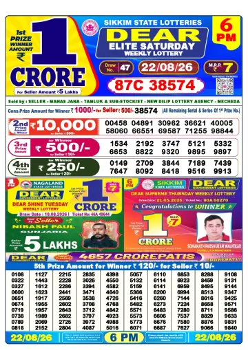 Lottery Sambad 6 PM result sheet 22 Aug 2026