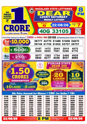 Lottery Sambad 8 PM result sheet 22 Aug 2026