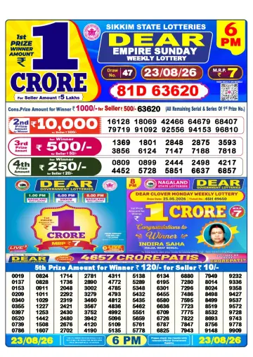 Lottery Sambad 6 PM result sheet 23 Aug 2026