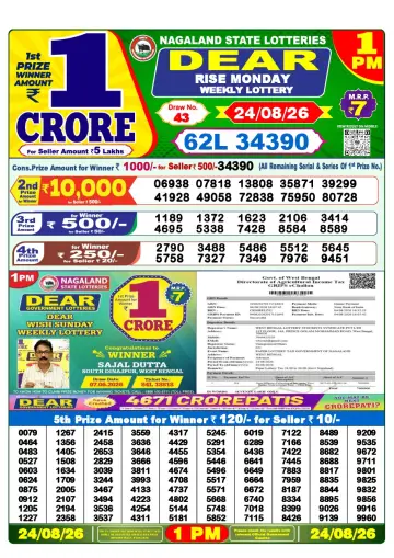 Lottery Sambad 1 PM result sheet 24 Aug 2026
