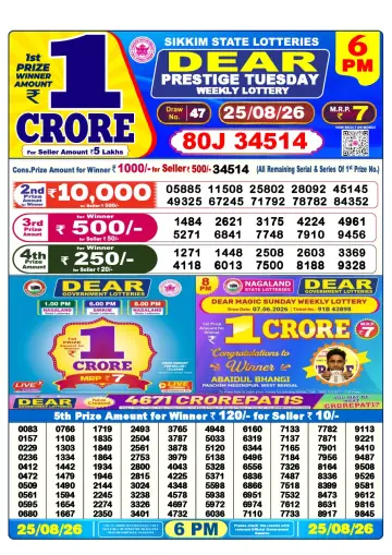Lottery Sambad 6 PM result sheet 25 Aug 2026