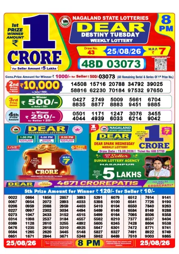 Lottery Sambad 8 PM result sheet 25 Aug 2026