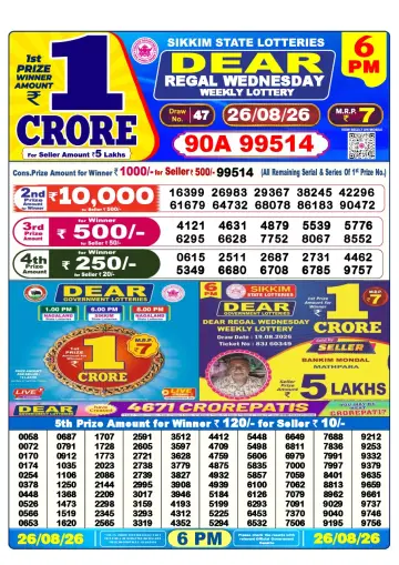 Lottery Sambad 6 PM result sheet 26 Aug 2026