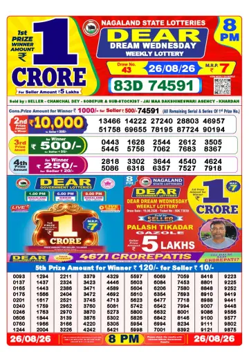 Lottery Sambad 8 PM result sheet 26 Aug 2026