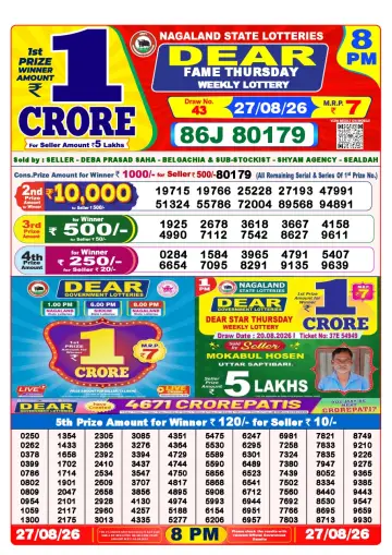 Lottery Sambad 8 PM result sheet 27 Aug 2026