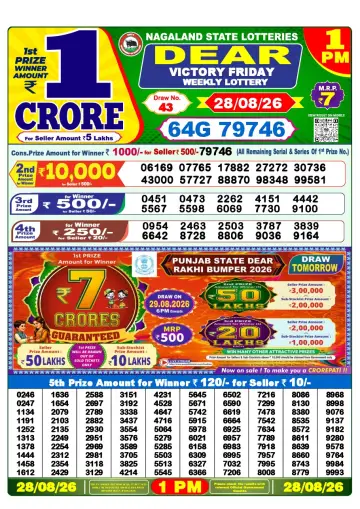 Lottery Sambad 1 PM result sheet 28 Aug 2026