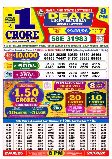 Lottery Sambad 8 PM result sheet 29 Aug 2026