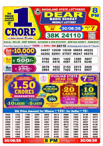 Lottery Sambad 8 PM result sheet 30 Aug 2026