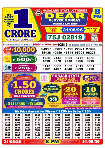 Lottery Sambad 8 PM result sheet 31 Aug 2026