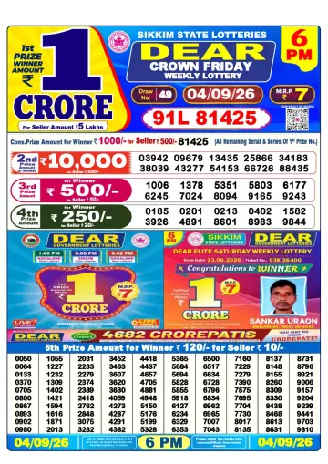 Lottery Sambad 6 PM result sheet 4 Sep 2026