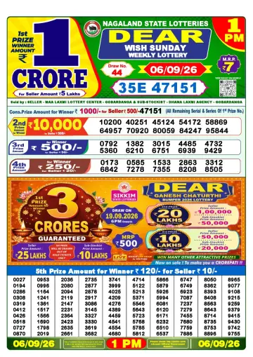 Lottery Sambad 1 PM result sheet 6 Sep 2026