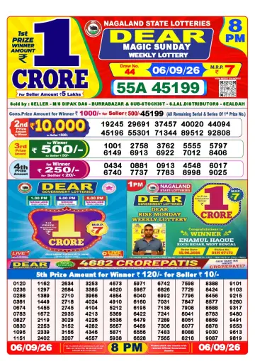 Lottery Sambad 8 PM result sheet 6 Sep 2026
