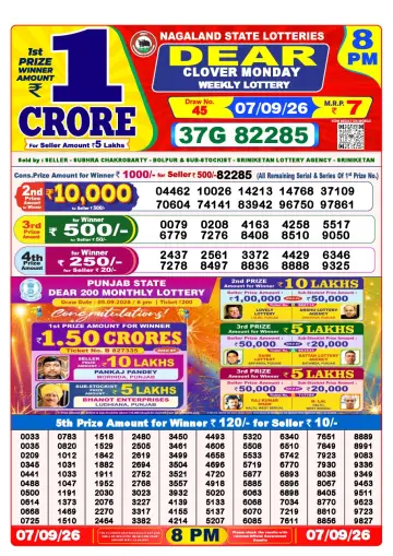 Lottery Sambad 8 PM result sheet 7 Sep 2026