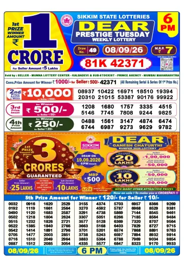 Lottery Sambad 6 PM result sheet 8 Sep 2026