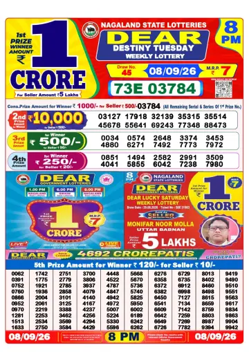 Lottery Sambad 8 PM result sheet 8 Sep 2026