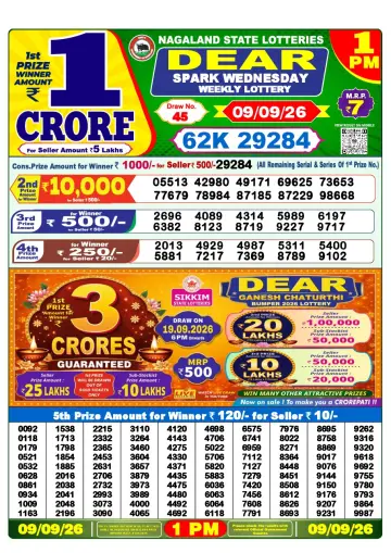 Lottery Sambad 1 PM result sheet 9 Sep 2026