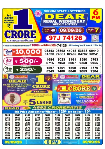 Lottery Sambad 6 PM result sheet 9 Sep 2026