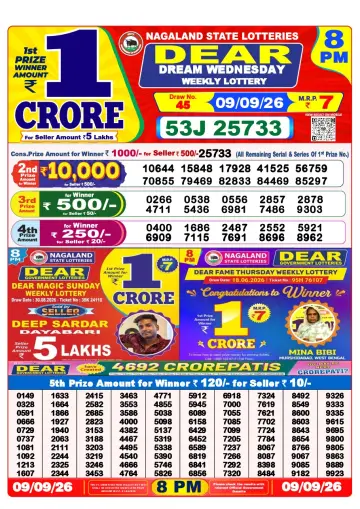Lottery Sambad 8 PM result sheet 9 Sep 2026