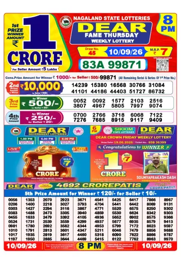 Lottery Sambad 8 PM result sheet 10 Sep 2026