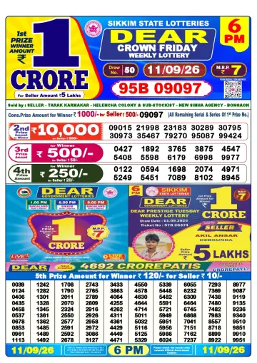 Lottery Sambad 6 PM result sheet 11 Sep 2026