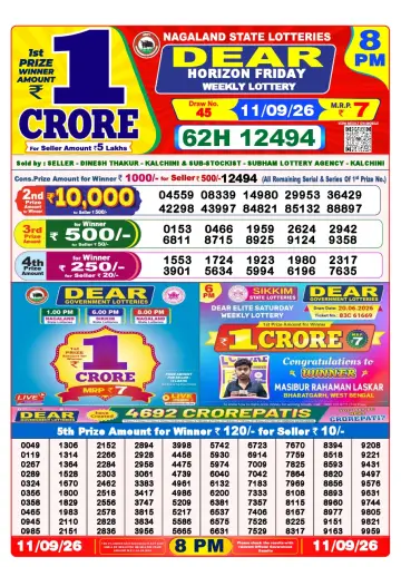 Lottery Sambad 8 PM result sheet 11 Sep 2026