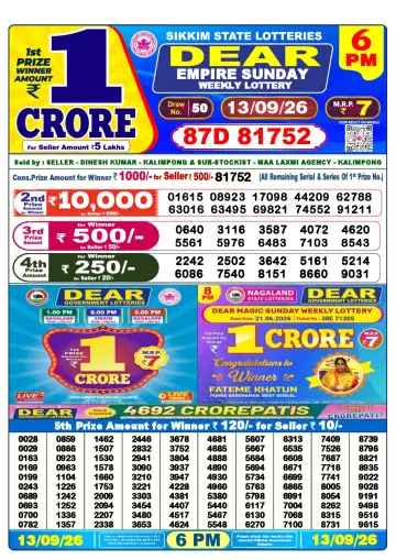 Lottery Sambad 6 PM result sheet 13 Sep 2026
