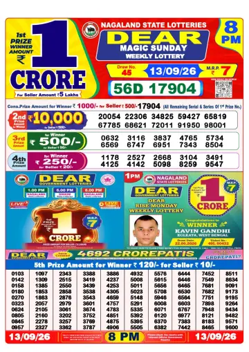 Lottery Sambad 8 PM result sheet 13 Sep 2026