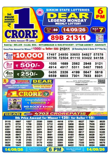Lottery Sambad 6 PM result sheet 14 Sep 2026