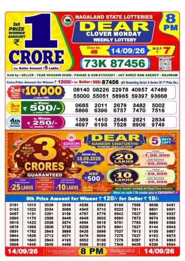 Lottery Sambad 8 PM result sheet 14 Sep 2026