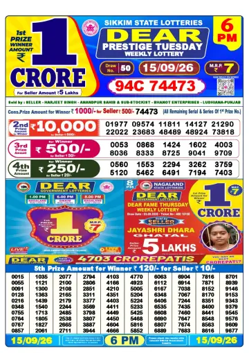 Lottery Sambad 6 PM result sheet 15 Sep 2026
