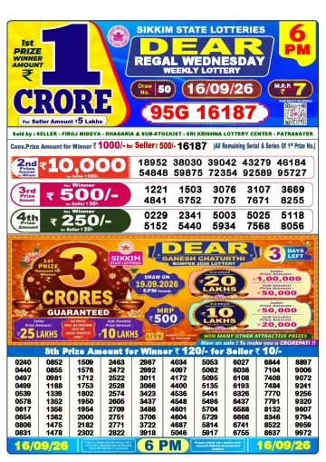 Lottery Sambad 6 PM result sheet 16 Sep 2026