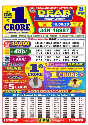 Lottery Sambad 8 PM result sheet 16 Sep 2026