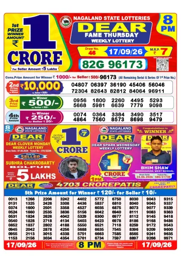 Lottery Sambad 8 PM result sheet 17 Sep 2026