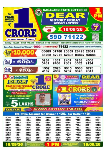 Lottery Sambad 1 PM result sheet 18 Sep 2026