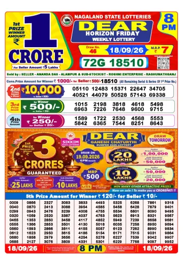 Lottery Sambad 8 PM result sheet 18 Sep 2026