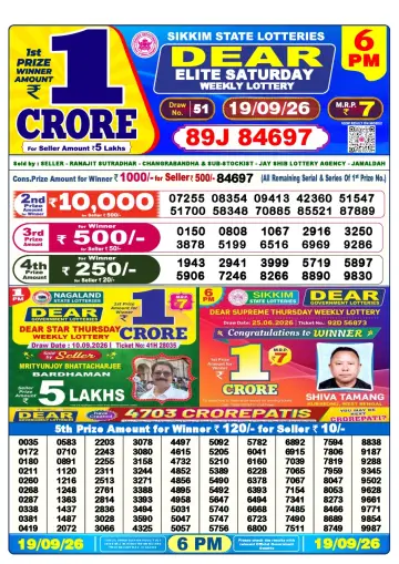 Lottery Sambad 6 PM result sheet 19 Sep 2026