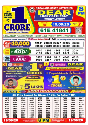 Lottery Sambad 8 PM result sheet 19 Sep 2026
