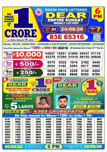 Lottery Sambad 6 PM result sheet 20 Sep 2026