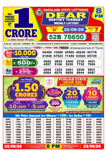 Lottery Sambad 8 PM result sheet 22 Sep 2026