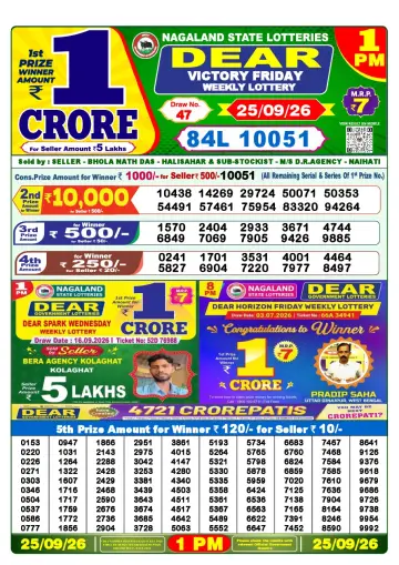 Lottery Sambad 1 PM result sheet 25 Sep 2026