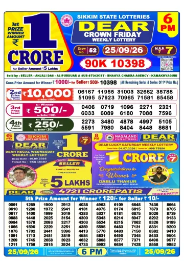 Lottery Sambad 6 PM result sheet 25 Sep 2026