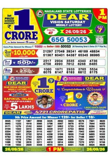 Lottery Sambad 1 PM result sheet 26 Sep 2026