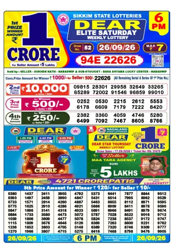 Lottery Sambad 6 PM result sheet 26 Sep 2026
