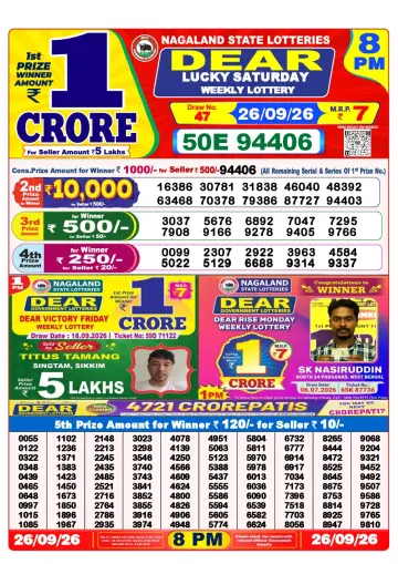 Lottery Sambad 8 PM result sheet 26 Sep 2026