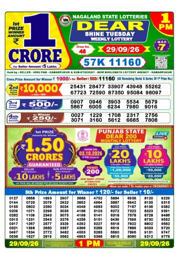 Lottery Sambad 1 PM result sheet 29 Sep 2026