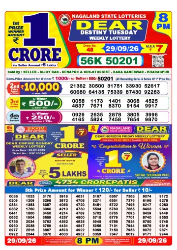 Lottery Sambad 8 PM result sheet 29 Sep 2026