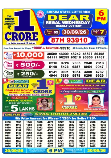 Lottery Sambad 6 PM result sheet 30 Sep 2026